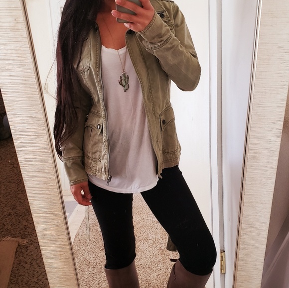 Halogen Jackets & Blazers - Army Green Utility Moto Denim Jacket XS Pockets